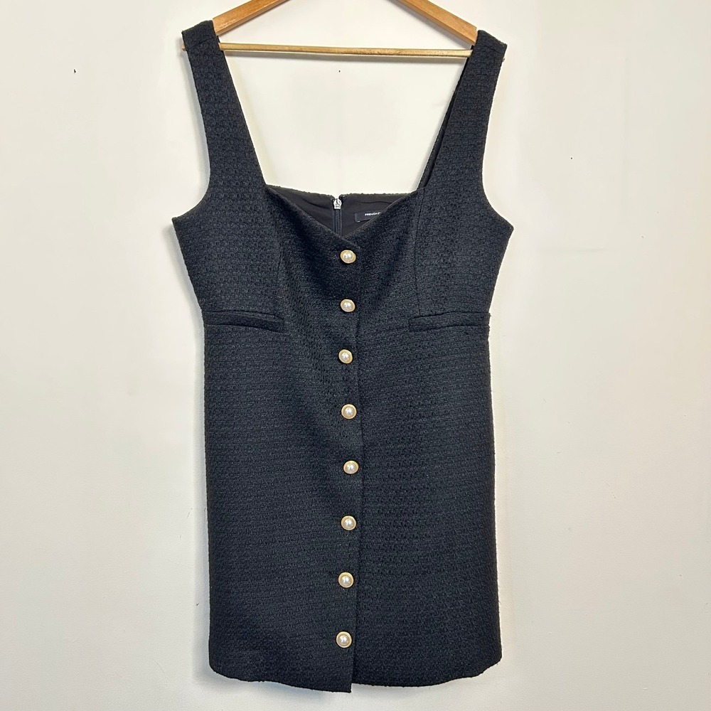 French Connection Tweed Pearl Button Mini Dress Black Women Size 14 Preppy
